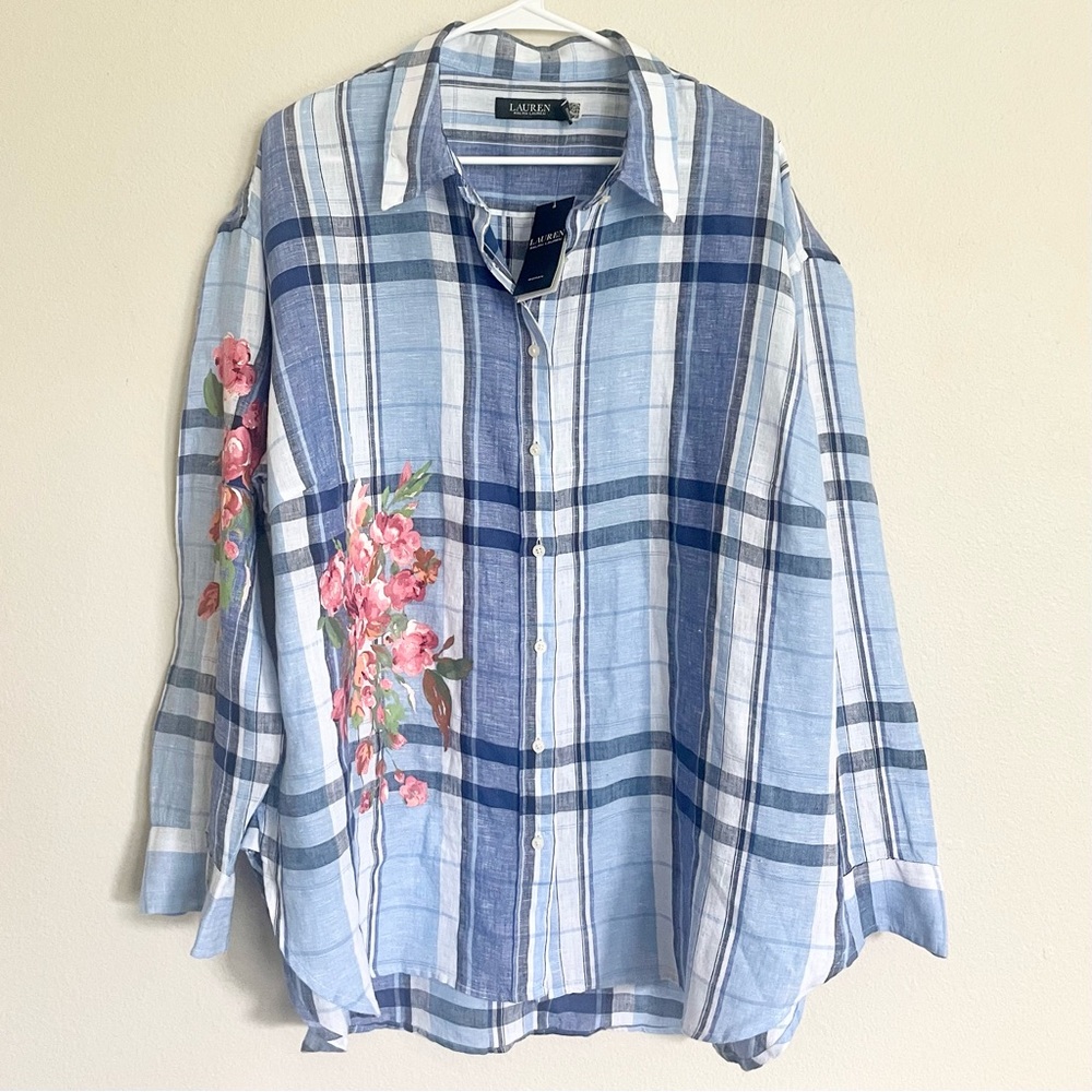 Ralph Lauren Floral and Blue Plaid Linen Women's Top - Picture 2 of 8